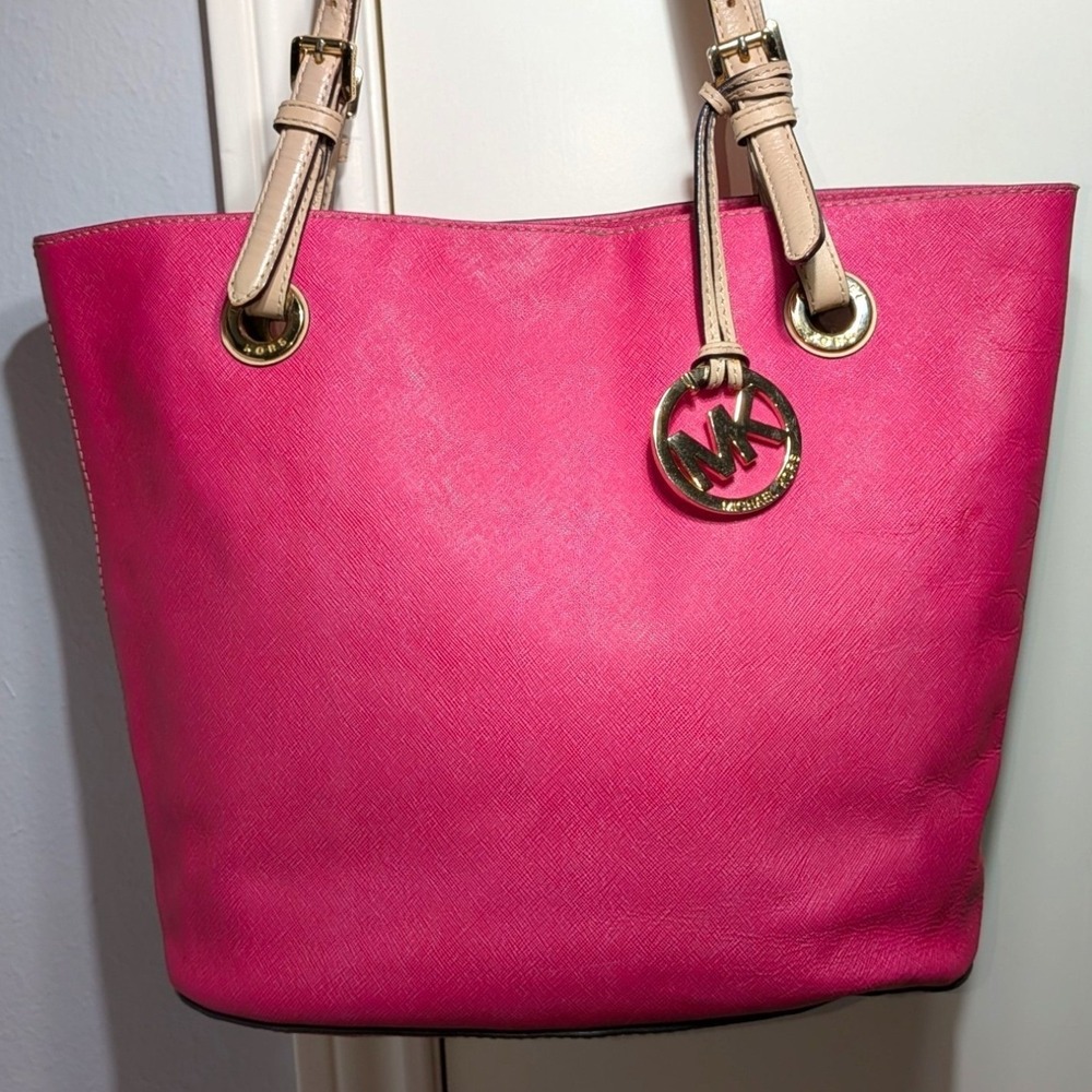 Michael Kors Tote Bag Hot Pink Tan Coated Canvas Leather Handles Jet Set Purse - Picture 3 of 16